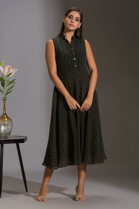 Shop_Soup By Sougat Paul_Black Crepe, Sequins Fabric Mandarin Collar Striped Dress With Jacket _Online_at_Aza_Fashions