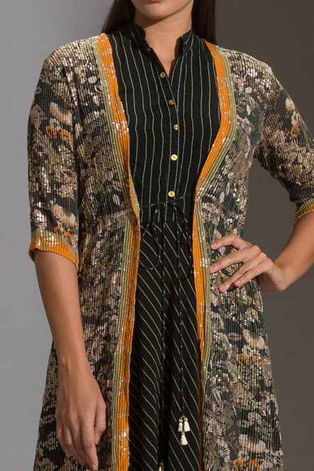 Soup By Sougat Paul_Black Crepe, Sequins Fabric Mandarin Collar Striped Dress With Jacket _at_Aza_Fashions