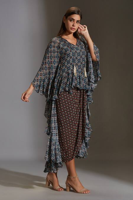 Soup By Sougat Paul_Black Crepe, Chiffon V Neck Draped Dress With Asymmetric Tunic _Online_at_Aza_Fashions