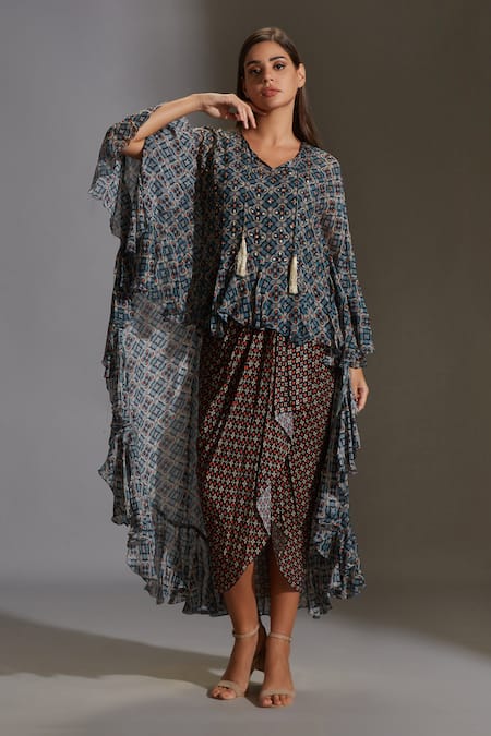 Buy_Soup By Sougat Paul_Black Crepe, Chiffon V Neck Draped Dress With Asymmetric Tunic _Online_at_Aza_Fashions