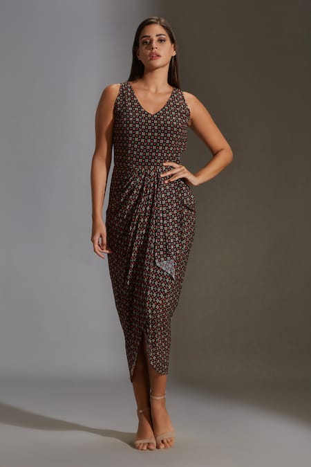 Shop_Soup By Sougat Paul_Black Crepe, Chiffon V Neck Draped Dress With Asymmetric Tunic _Online_at_Aza_Fashions