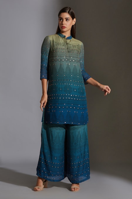 Buy_Soup By Sougat Paul_Green Muslin Slub Mandarin Collar Printed Kurta And Palazzo Set _Online_at_Aza_Fashions