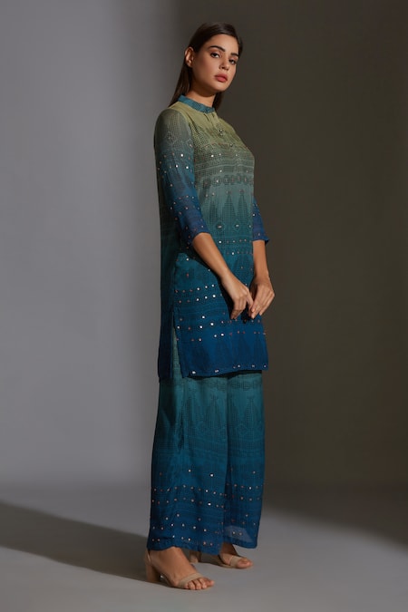 Shop_Soup By Sougat Paul_Green Muslin Slub Mandarin Collar Printed Kurta And Palazzo Set _Online_at_Aza_Fashions