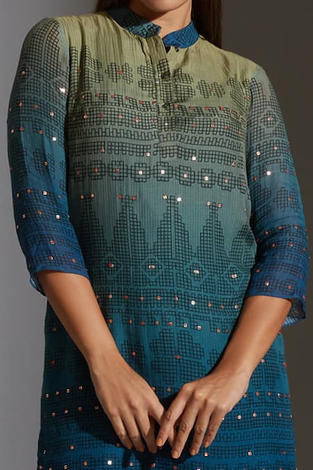 Soup By Sougat Paul_Green Muslin Slub Mandarin Collar Printed Kurta And Palazzo Set _at_Aza_Fashions