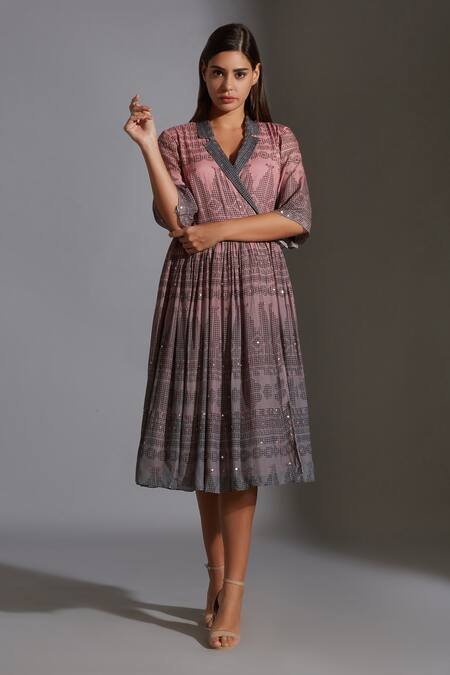 Soup By Sougat Paul_Pink Muslin Slub Notched Collar Printed Overlap Dress _Online_at_Aza_Fashions