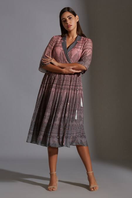 Buy_Soup By Sougat Paul_Pink Muslin Slub Notched Collar Printed Overlap Dress _Online_at_Aza_Fashions