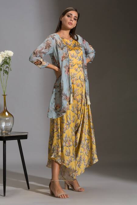 Soup By Sougat Paul_Yellow Organza, Satin Round Printed Jumpsuit With Jacket _Online_at_Aza_Fashions
