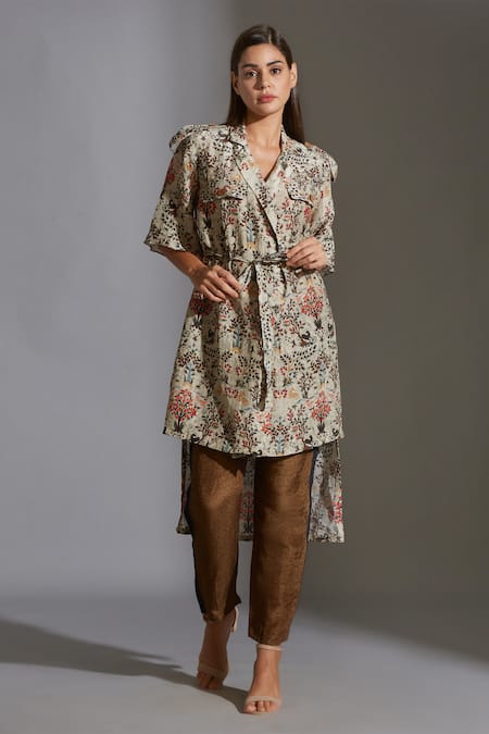 Soup by Sougat Paul Beige Linen Notched Collar Printed Tunic And Pant Set 