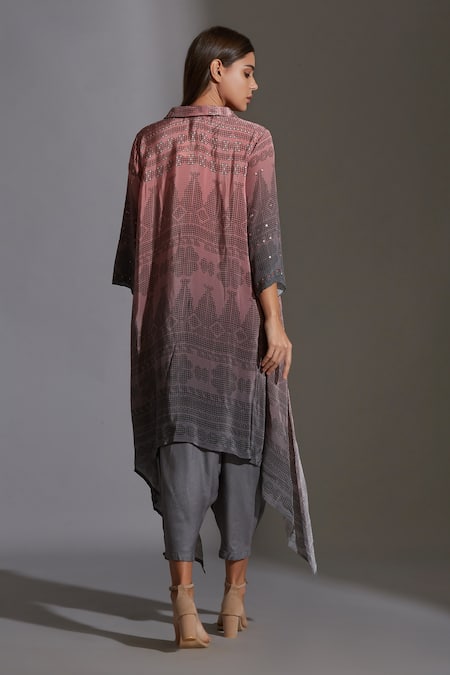 Shop Soup By Sougat Paul Pink Crepe, Twill Spread Collar Printed Asymmetric Kurta And Dhoti Pant Set at Aza Fashions Shop_Soup By Sougat Paul_Pink Crepe, Twill Spread Collar Printed Asymmetric Kurta And Dhoti Pant Set _at_Aza_Fashions