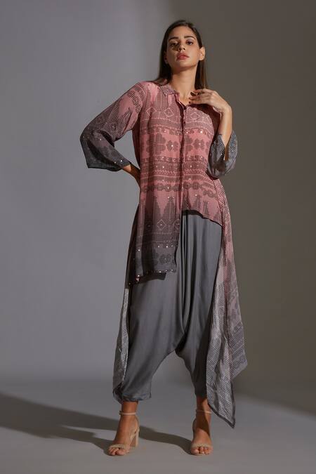 Soup By Sougat Paul Pink Crepe, Twill Spread Collar Printed Asymmetric Kurta And Dhoti Pant Set Online at Aza Fashions Soup By Sougat Paul_Pink Crepe, Twill Spread Collar Printed Asymmetric Kurta And Dhoti Pant Set _Online_at_Aza_Fashions