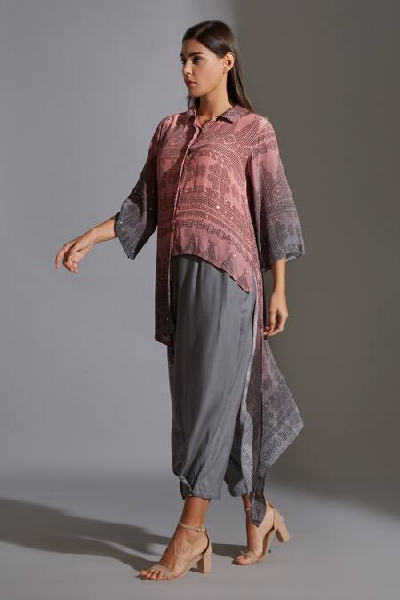 Buy Soup By Sougat Paul Pink Crepe, Twill Spread Collar Printed Asymmetric Kurta And Dhoti Pant Set Online at Aza Fashions Buy_Soup By Sougat Paul_Pink Crepe, Twill Spread Collar Printed Asymmetric Kurta And Dhoti Pant Set _Online_at_Aza_Fashions