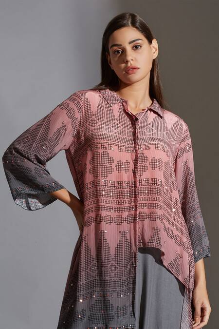 Shop Soup By Sougat Paul Pink Crepe, Twill Spread Collar Printed Asymmetric Kurta And Dhoti Pant Set Online at Aza Fashions Shop_Soup By Sougat Paul_Pink Crepe, Twill Spread Collar Printed Asymmetric Kurta And Dhoti Pant Set _Online_at_Aza_Fashions