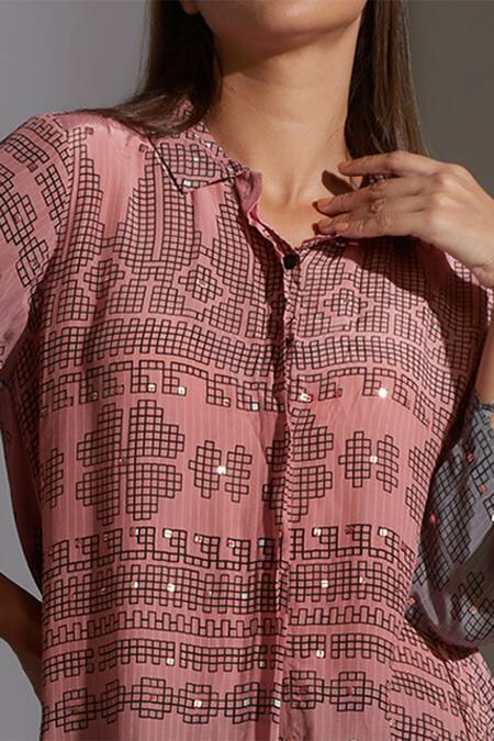 Soup By Sougat Paul Pink Crepe, Twill Spread Collar Printed Asymmetric Kurta And Dhoti Pant Set at Aza Fashions Soup By Sougat Paul_Pink Crepe, Twill Spread Collar Printed Asymmetric Kurta And Dhoti Pant Set _at_Aza_Fashions