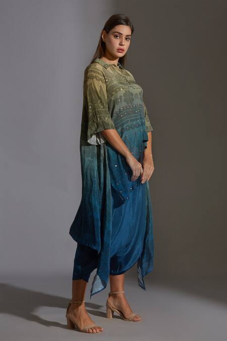 Soup By Sougat Paul_Blue Crepe, Twill Spread Collar Printed Kurta And Dhoti Pant Set _Online_at_Aza_Fashions