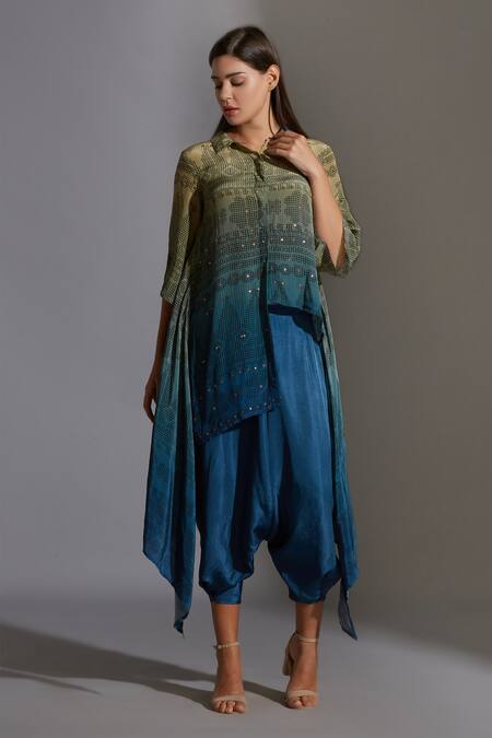 Buy_Soup By Sougat Paul_Blue Crepe, Twill Spread Collar Printed Kurta And Dhoti Pant Set _Online_at_Aza_Fashions