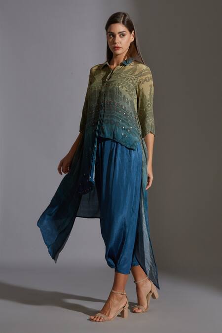 Shop_Soup By Sougat Paul_Blue Crepe, Twill Spread Collar Printed Kurta And Dhoti Pant Set _Online_at_Aza_Fashions