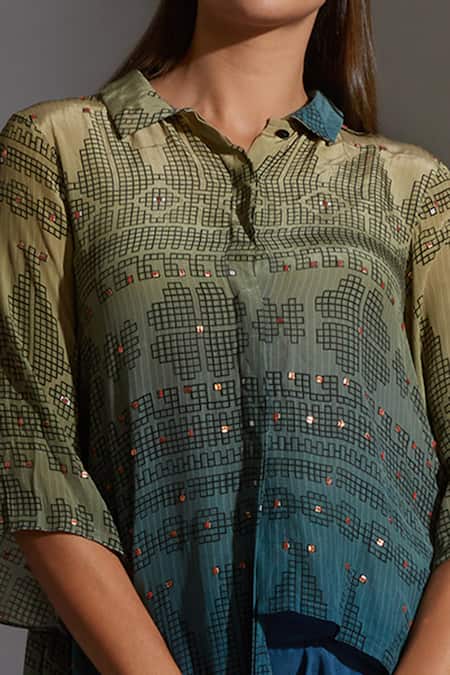 Soup By Sougat Paul_Blue Crepe, Twill Spread Collar Printed Kurta And Dhoti Pant Set _at_Aza_Fashions