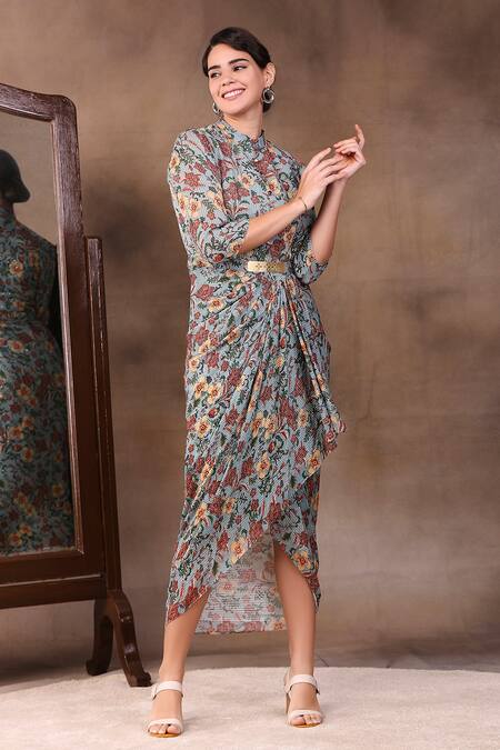 Soup By Sougat Paul_Green Sequin Band Floral Print Draped Dress _Online_at_Aza_Fashions