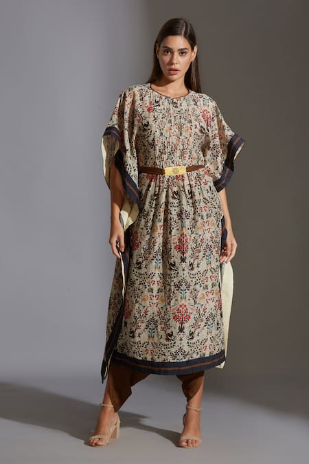 Buy_Soup By Sougat Paul_Beige Satin, Linen Round Printed Kurta And Dhoti Pant Set _Online_at_Aza_Fashions