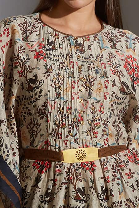 Soup By Sougat Paul_Beige Satin, Linen Round Printed Kurta And Dhoti Pant Set _at_Aza_Fashions