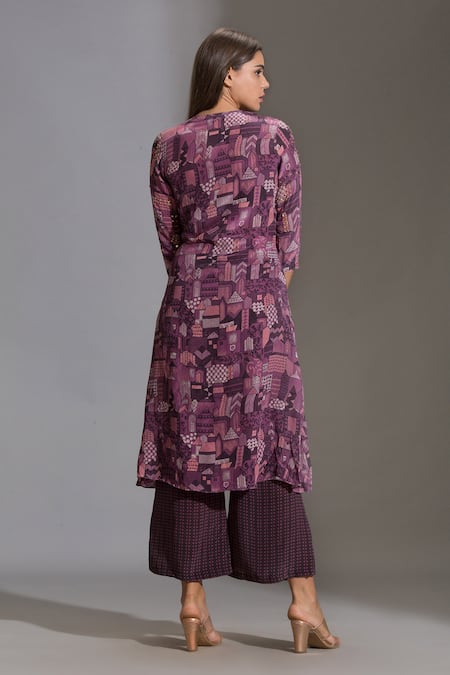 Shop_Soup by Sougat Paul_Purple Crepe, Satin Sweetheart Neck Printed Jacket And Palazzo Set _at_Aza_Fashions