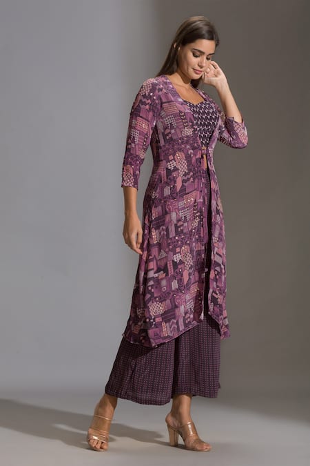 Soup by Sougat Paul_Purple Crepe, Satin Sweetheart Neck Printed Jacket And Palazzo Set _Online_at_Aza_Fashions
