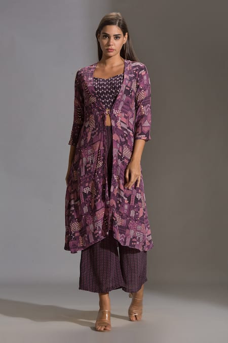 Buy_Soup by Sougat Paul_Purple Crepe, Satin Sweetheart Neck Printed Jacket And Palazzo Set _Online_at_Aza_Fashions