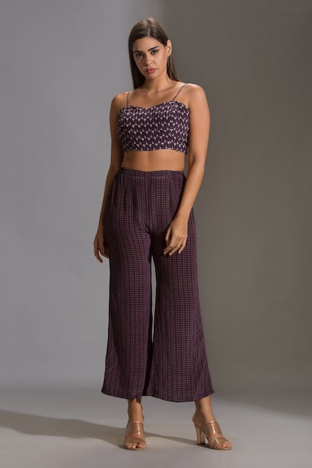 Shop_Soup by Sougat Paul_Purple Crepe, Satin Sweetheart Neck Printed Jacket And Palazzo Set _Online_at_Aza_Fashions