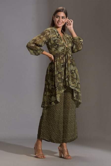 Soup By Sougat Paul_Green Organza, Satin Sweetheart Neck Printed Jacket And Palazzo Set _Online_at_Aza_Fashions
