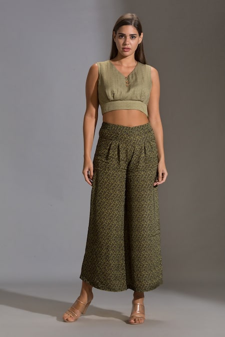 Shop_Soup By Sougat Paul_Green Organza, Satin Sweetheart Neck Printed Jacket And Palazzo Set _Online_at_Aza_Fashions