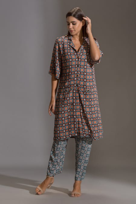 Buy_Soup By Sougat Paul_Blue Double Georgette Notched Collar Printed Tunic And Pant Set _Online_at_Aza_Fashions
