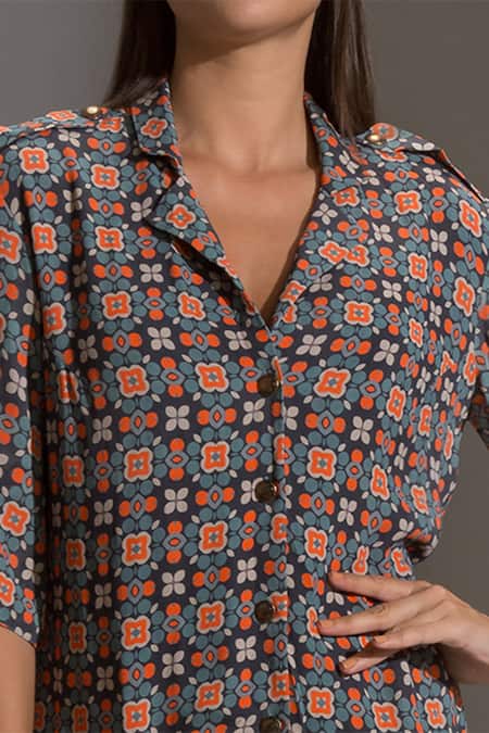 Soup By Sougat Paul_Blue Double Georgette Notched Collar Printed Tunic And Pant Set _at_Aza_Fashions