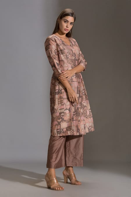 Soup By Sougat Paul_Beige Chanderi V Neck Printed Kurta And Pant Set _Online_at_Aza_Fashions