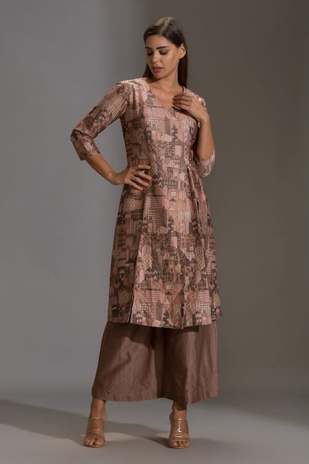 Buy_Soup By Sougat Paul_Beige Chanderi V Neck Printed Kurta And Pant Set _Online_at_Aza_Fashions