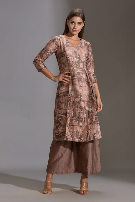Shop_Soup By Sougat Paul_Beige Chanderi V Neck Printed Kurta And Pant Set _Online_at_Aza_Fashions