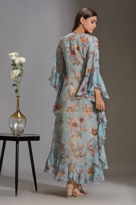 Shop_Soup By Sougat Paul_Yellow Organza, Satin V Neck Printed Jumpsuit With Tunic _at_Aza_Fashions