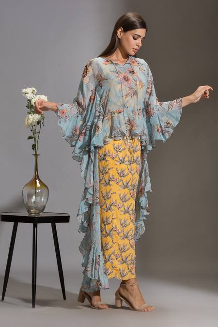 Soup By Sougat Paul_Yellow Organza, Satin V Neck Printed Jumpsuit With Tunic _Online_at_Aza_Fashions