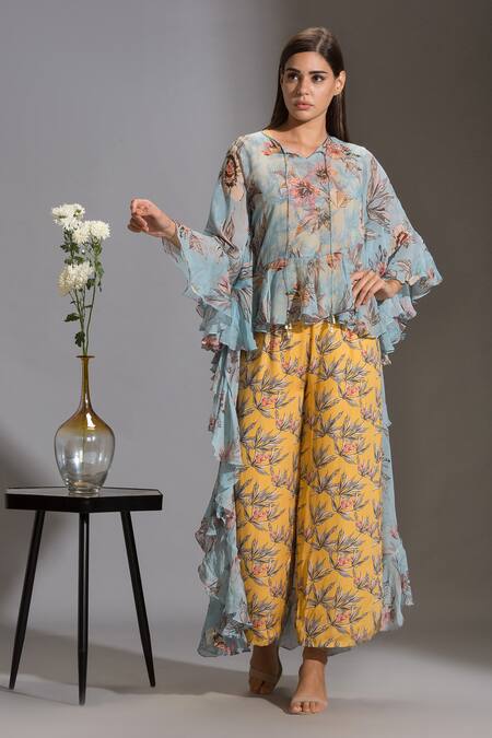 Buy_Soup By Sougat Paul_Yellow Organza, Satin V Neck Printed Jumpsuit With Tunic _Online_at_Aza_Fashions