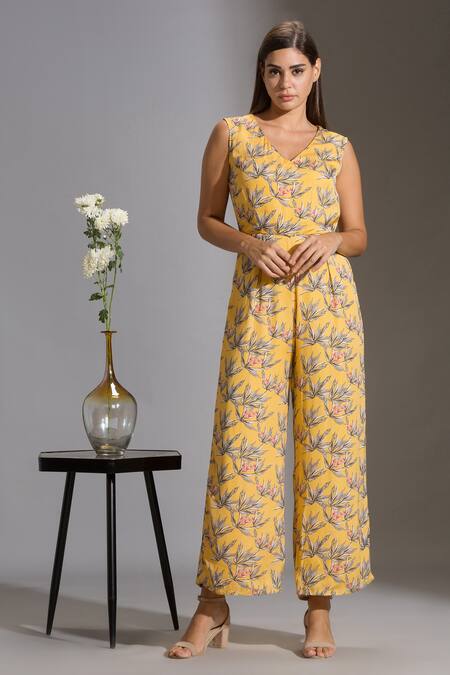Shop_Soup By Sougat Paul_Yellow Organza, Satin V Neck Printed Jumpsuit With Tunic _Online_at_Aza_Fashions