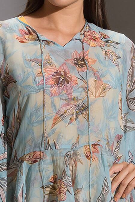 Soup By Sougat Paul_Yellow Organza, Satin V Neck Printed Jumpsuit With Tunic _at_Aza_Fashions