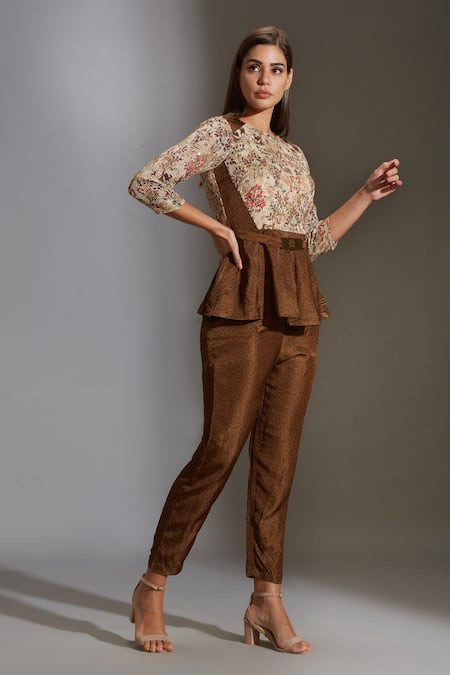 Soup By Sougat Paul Beige Satin, Sequins Fabric Round Printed Top And Pant Set Online at Aza Fashions Soup By Sougat Paul_Beige Satin, Sequins Fabric Round Printed Top And Pant Set _Online_at_Aza_Fashions