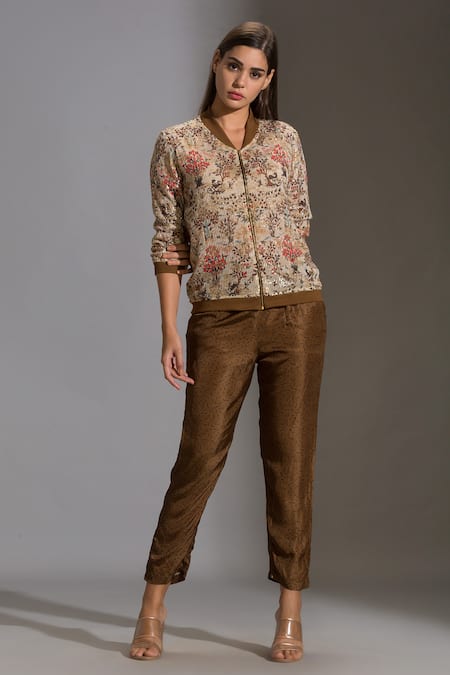 Buy_Soup By Sougat Paul_Beige Satin, Sequins Fabric Mandarin Collar Embellished Jacket And Pant Set _Online_at_Aza_Fashions