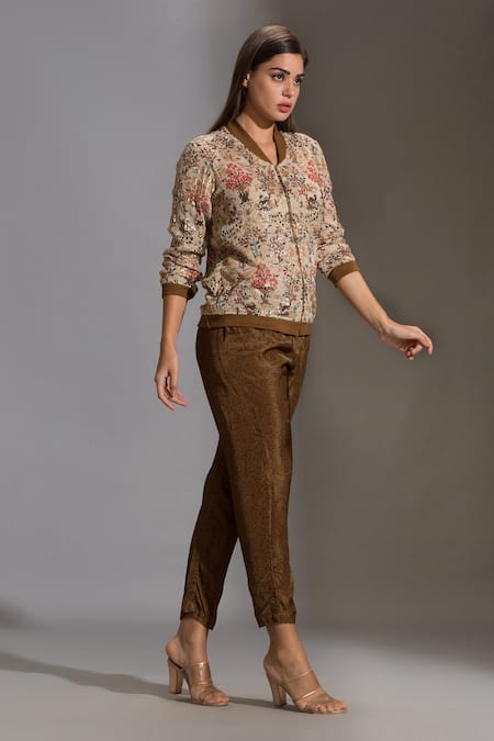 Soup By Sougat Paul_Beige Satin, Sequins Fabric Mandarin Collar Embellished Jacket And Pant Set _Online_at_Aza_Fashions