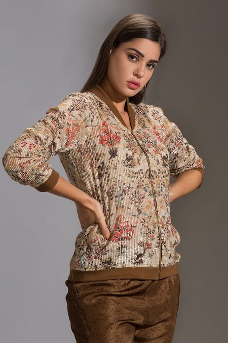 Shop_Soup By Sougat Paul_Beige Satin, Sequins Fabric Mandarin Collar Embellished Jacket And Pant Set _Online_at_Aza_Fashions