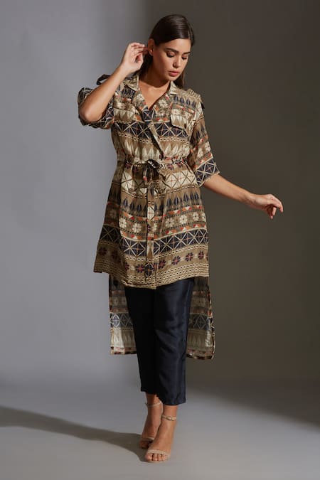 Soup By Sougat Paul_Beige Twill, Linen Notched Collar Printed Tunic And Pant Set _Online_at_Aza_Fashions