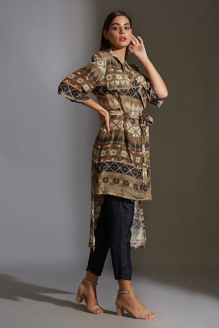 Buy_Soup By Sougat Paul_Beige Twill, Linen Notched Collar Printed Tunic And Pant Set _Online_at_Aza_Fashions