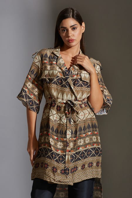 Shop_Soup By Sougat Paul_Beige Twill, Linen Notched Collar Printed Tunic And Pant Set _Online_at_Aza_Fashions