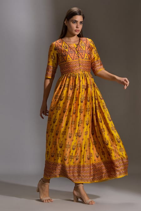 Soup By Sougat Paul_Yellow Malaysian Silk Round Printed Dress With Jacket _Online_at_Aza_Fashions