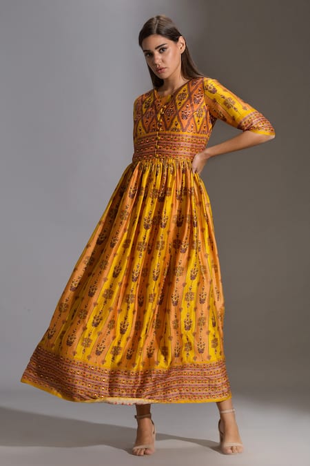 Shop_Soup By Sougat Paul_Yellow Malaysian Silk Round Printed Dress With Jacket _Online_at_Aza_Fashions