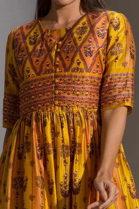 Soup By Sougat Paul_Yellow Malaysian Silk Round Printed Dress With Jacket _at_Aza_Fashions